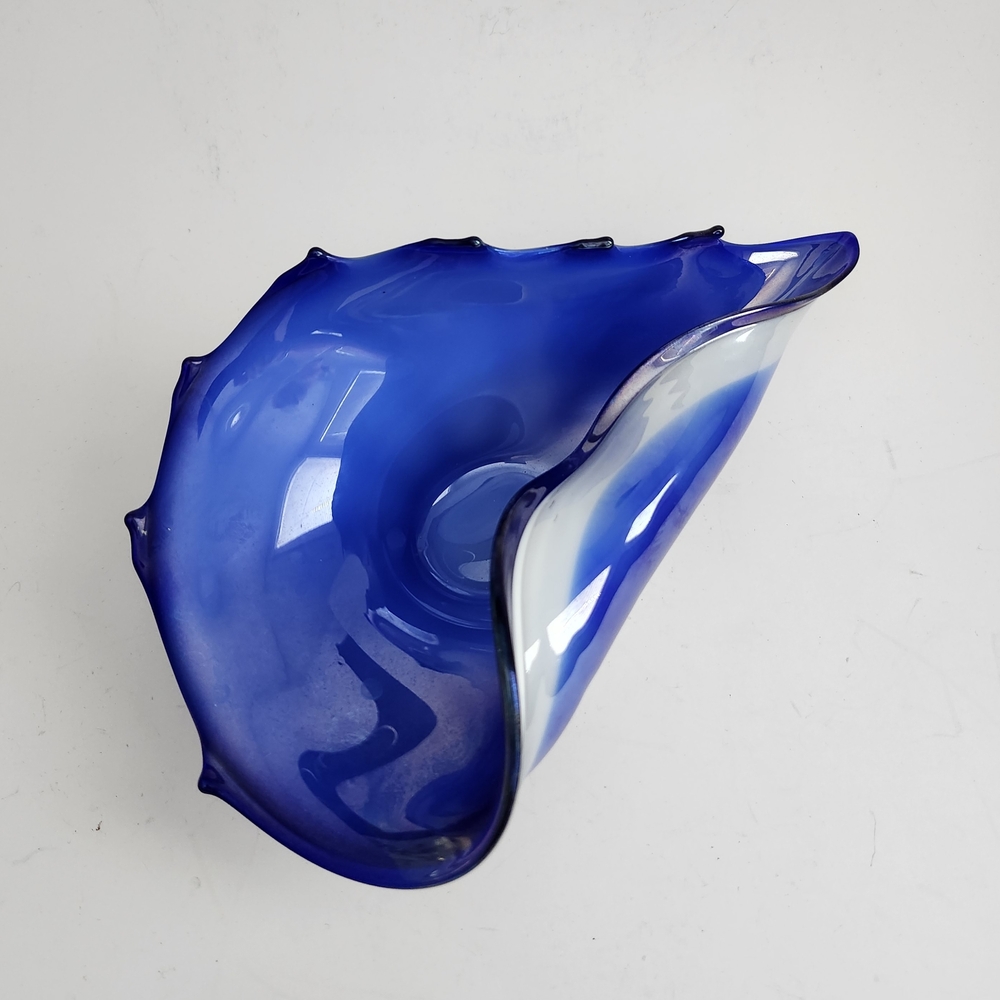 Vintage Iridescent Cobalt Blue Glass Seashell bowl, Made in Poland